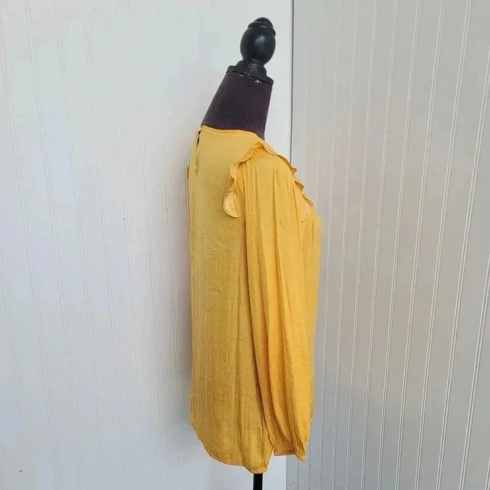 LOFT Top Yellow Silky Feel Puff Sleeve Round Neck Crinkle Fabric Long Sleeve S